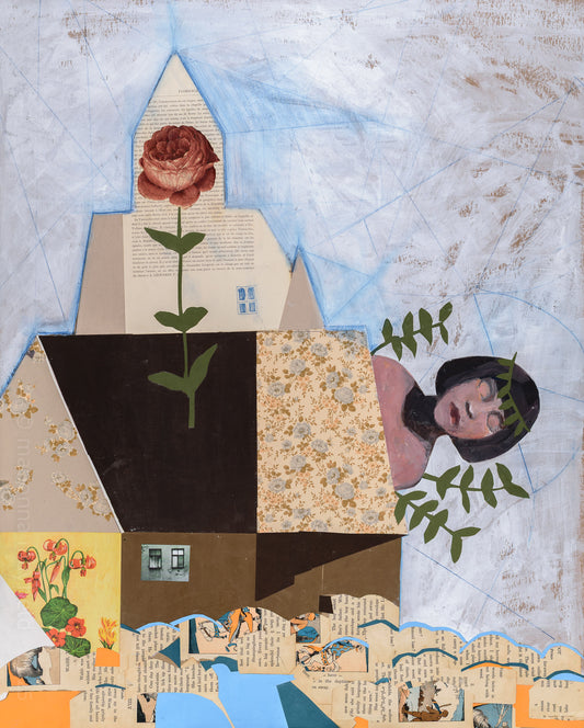 Collage art of a house, a garden, a rose, and a woman's face.