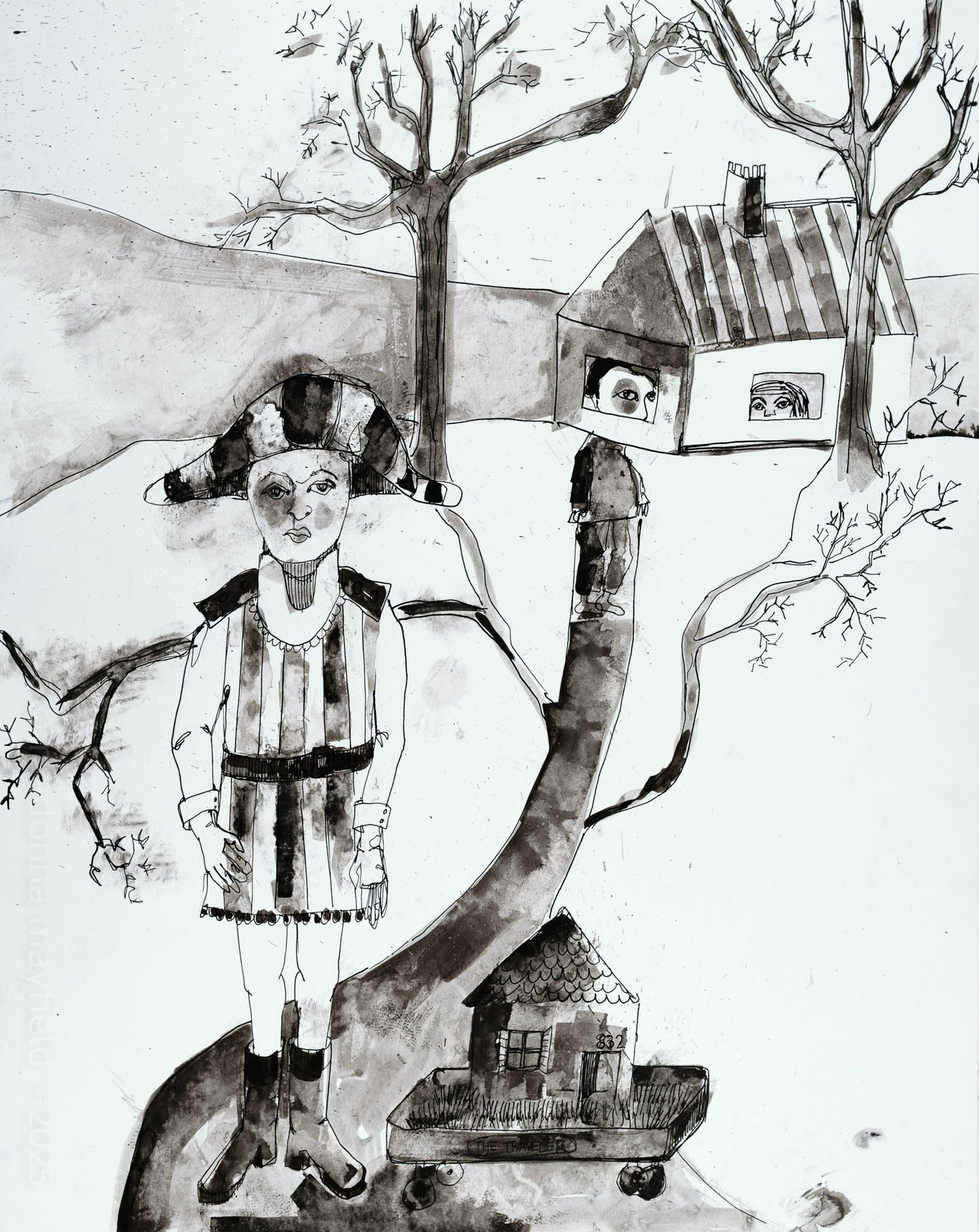 Black and white illustration of a person in an english uniform with houses on a tree and two people peeping out of the windows.