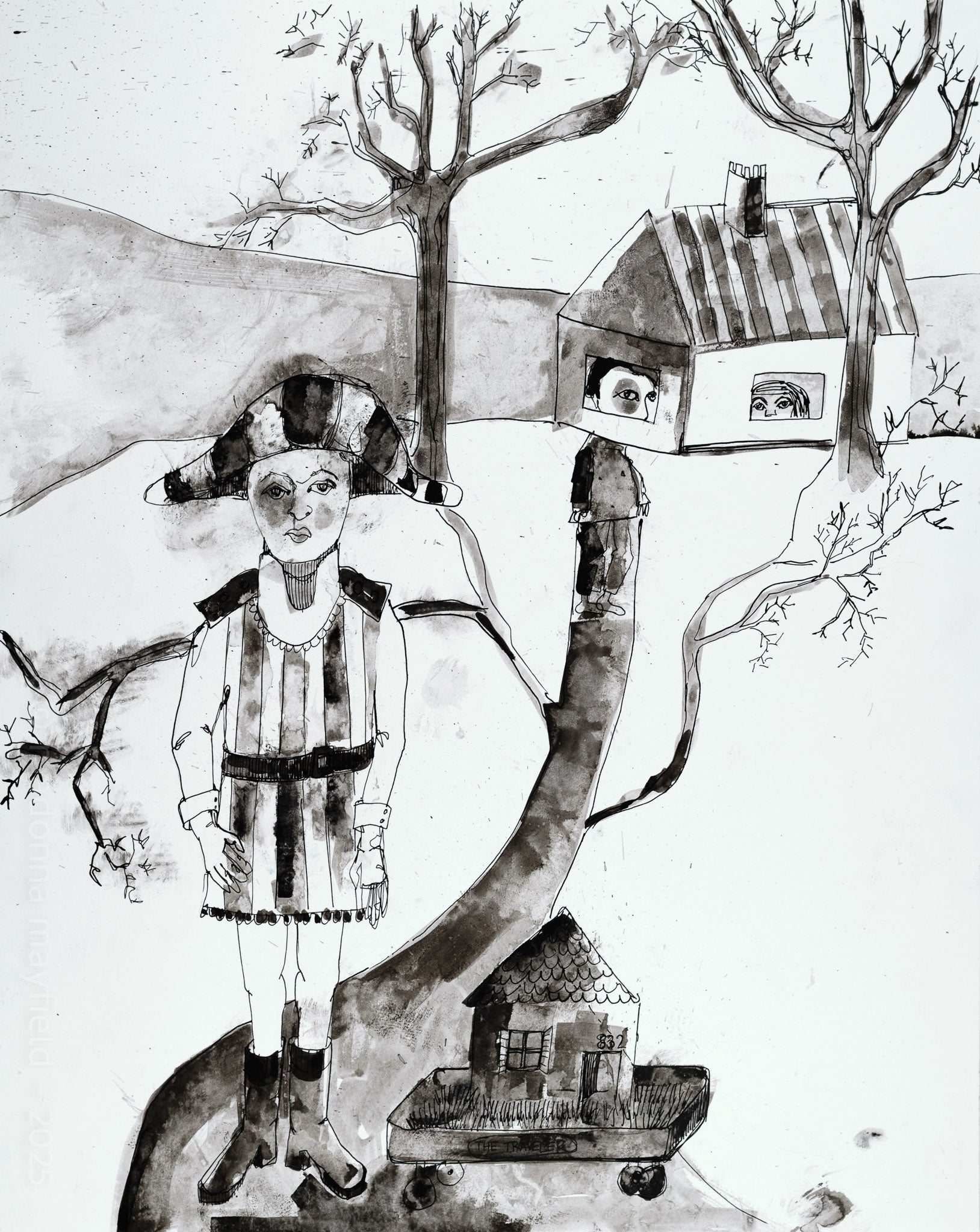 Black and white illustration of a person in an english uniform with houses on a tree and two people peeping out of the windows.