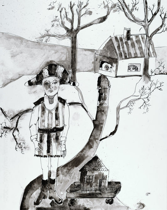 Black and white illustration of a person in an english uniform with houses on a tree and two people peeping out of the windows.