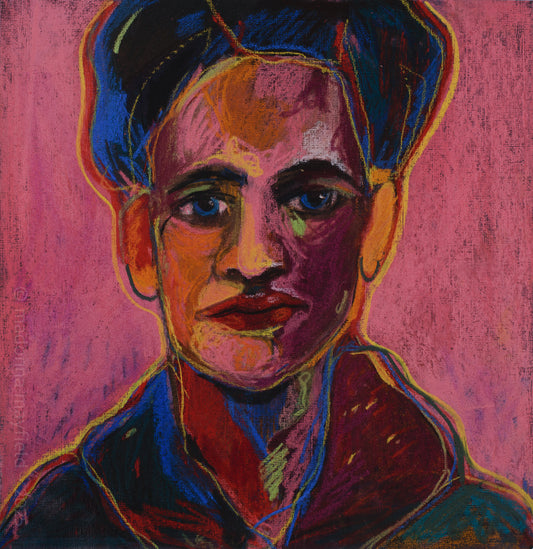Colorful portrait of a person with a vibrant pink background