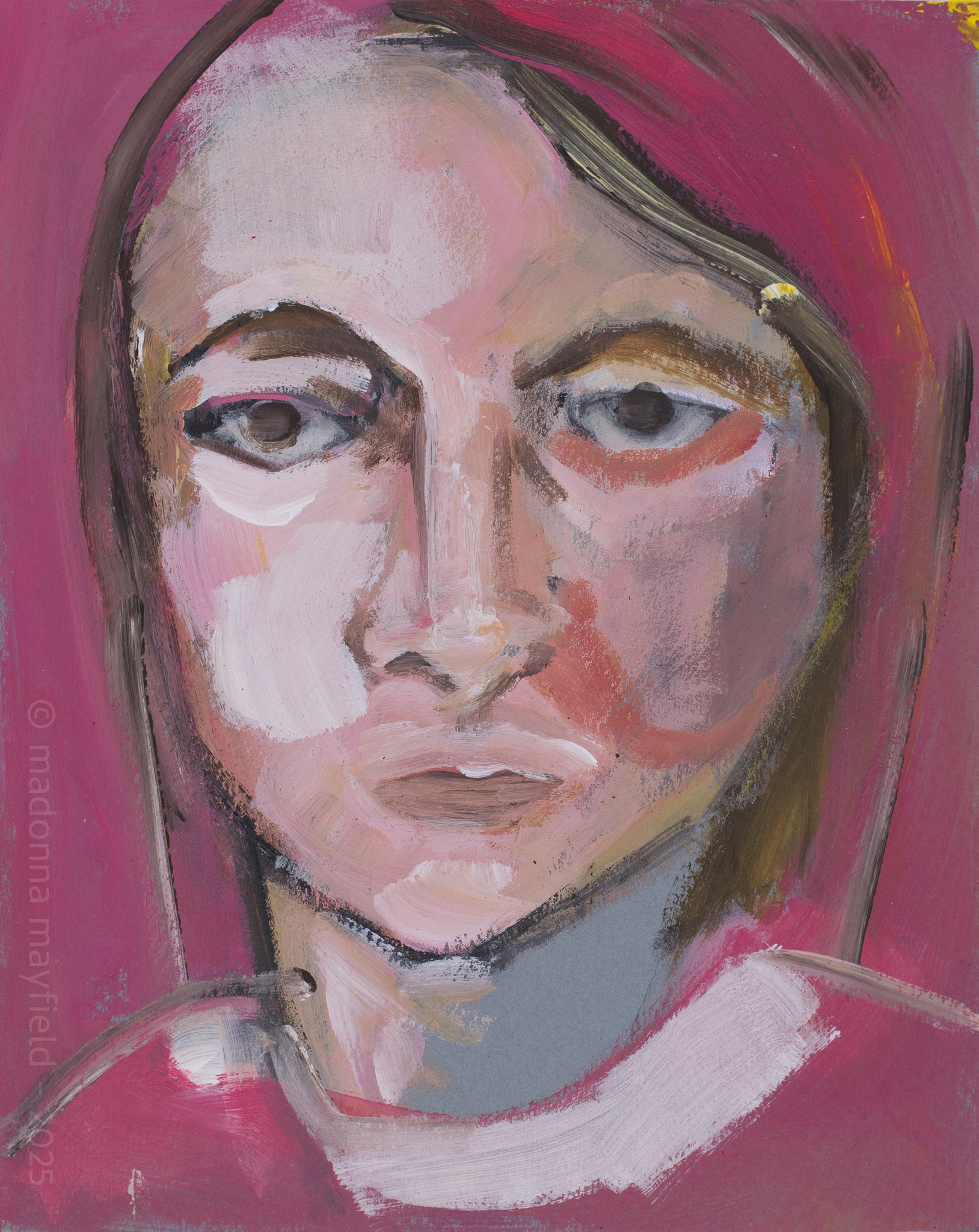 Artistic portrait of a person with a stylized approach on a pink background