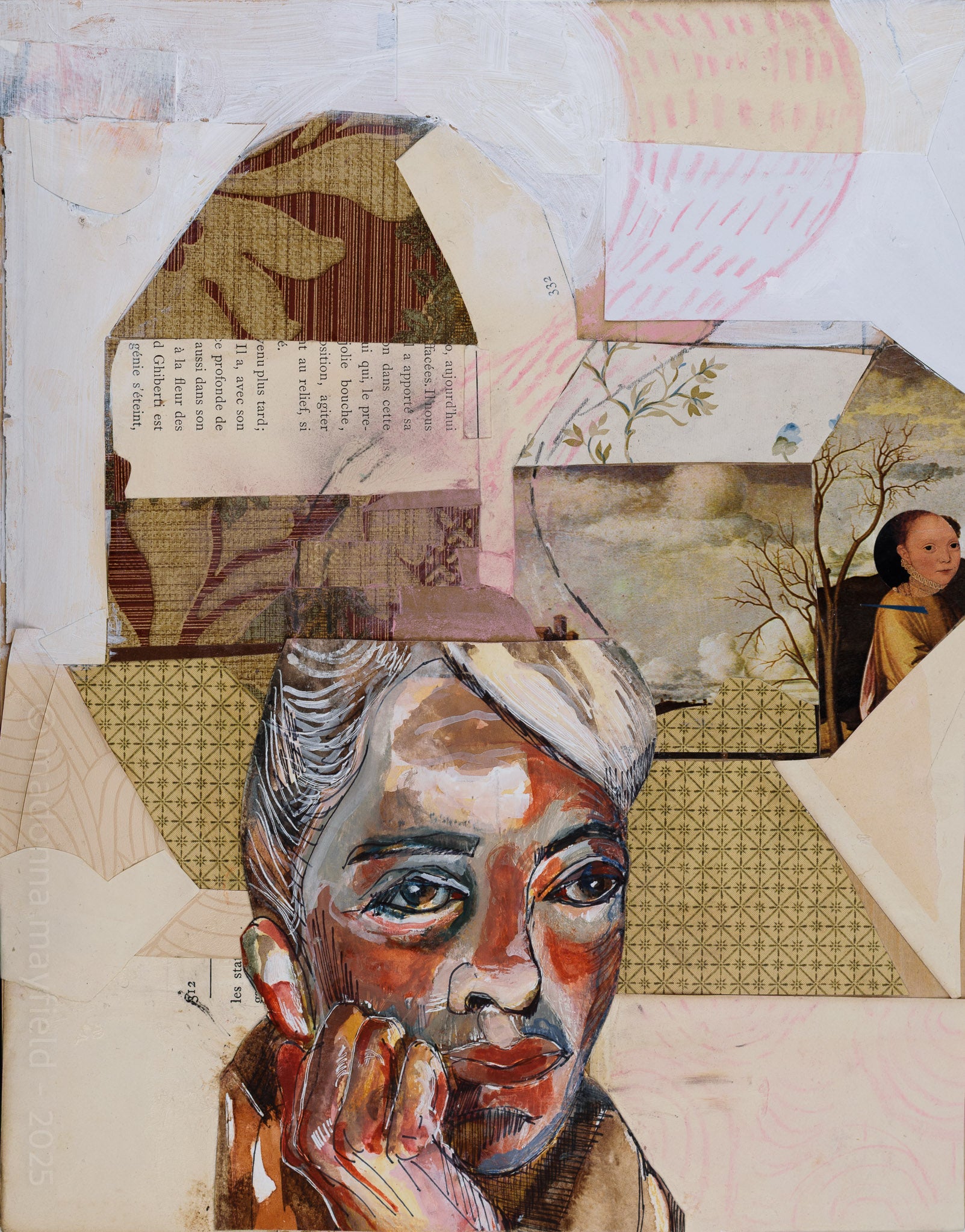 Collage art with a portrait of a woman's face and a house of various textures and patterns.
