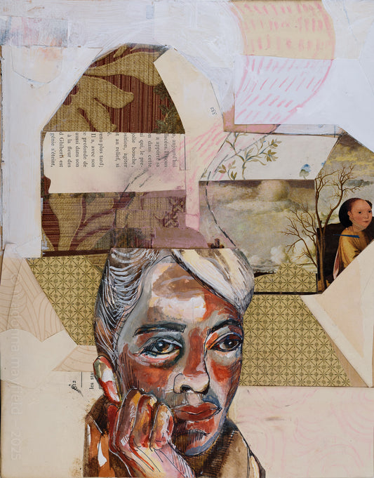 Collage art with a portrait of a woman's face and a house of various textures and patterns.