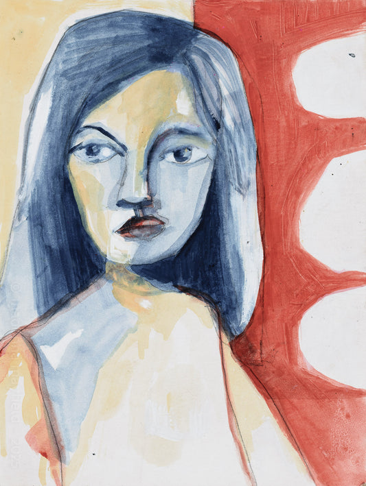 Artistic depiction of a woman's face with abstract red and beige background