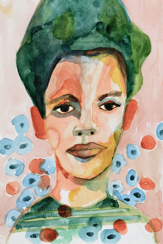 Artistic depiction of a person with a green headscarf and colorful patterns on a pink background