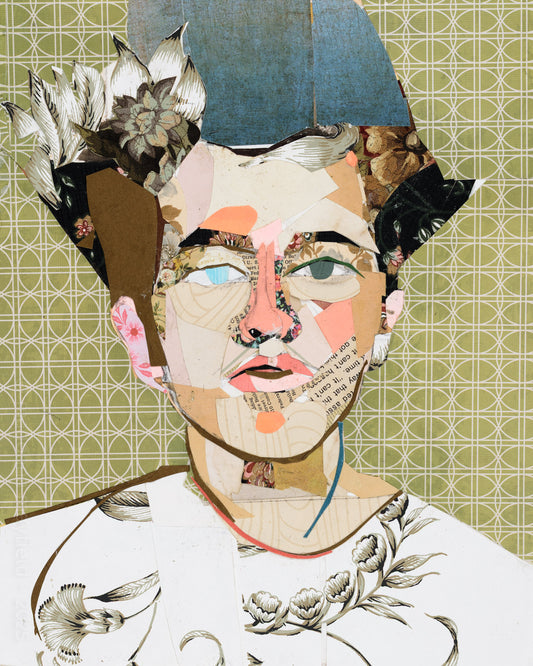 Collage art of a face with floral and geometric elements on a patterned background