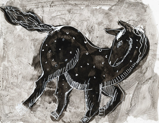 Black and white illustration of a horse on a textured background
