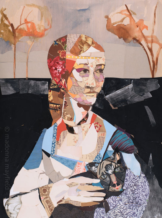 Artistic collage of a woman holding a cat in the woods