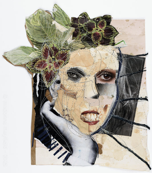 Artistic collage with a face, leaves, and abstract elements on a textured background