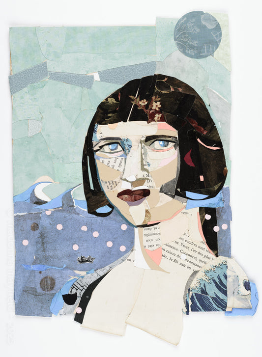 collage portrait of a woman with black hair at sea