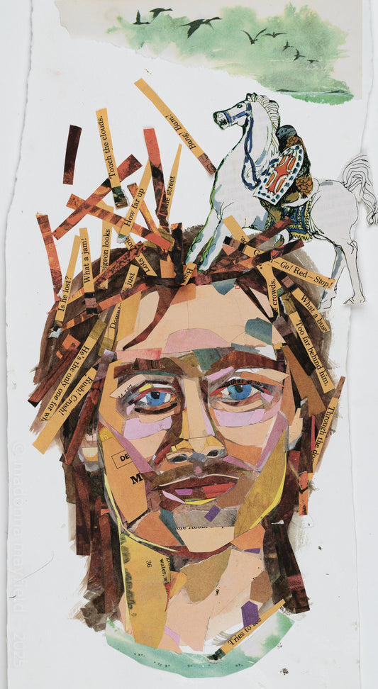 Collage art of the face of a man with hair made of words and the horse of a noble man.