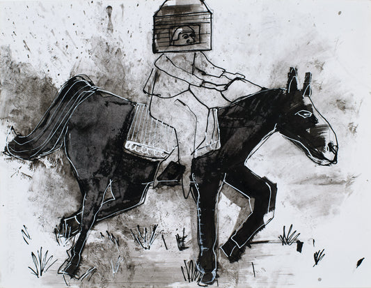 Black and white illustration of a person riding a donkey/horse with a house on their head