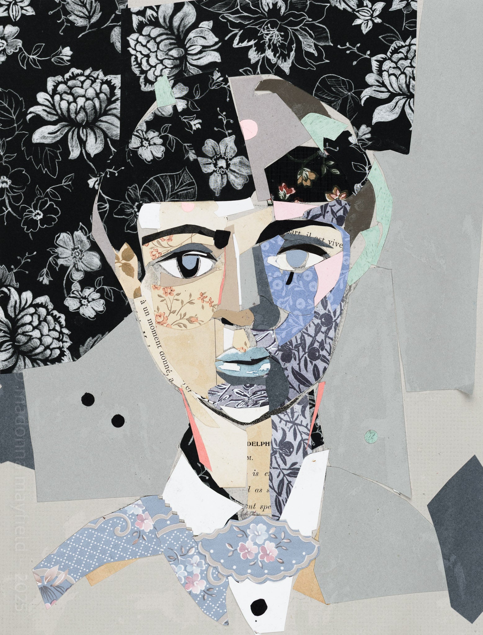 Collage art of a face with floral and geometric patterns on a floral background