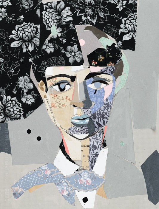 Collage art of a face with floral and geometric patterns on a floral background