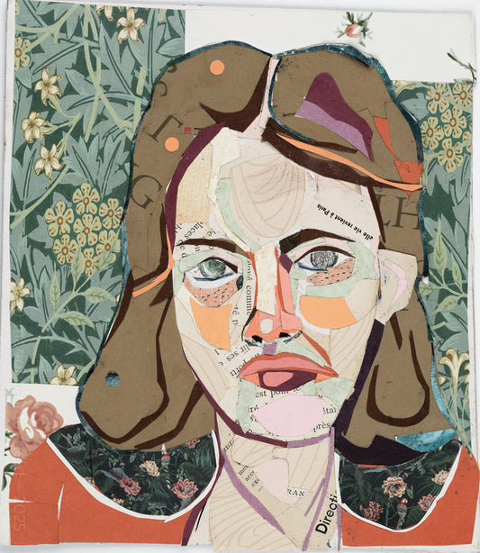 Collage art of a woman's face with abstract elements and floral background