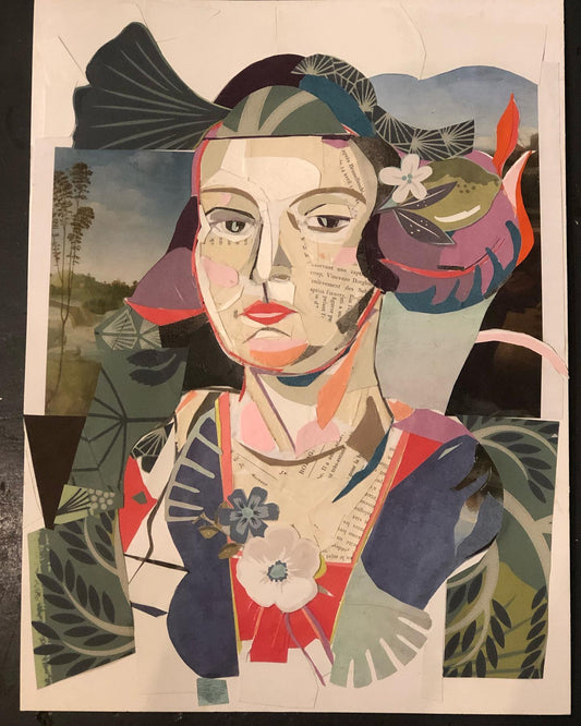 Collage art of a stylized woman with colorful hair and clothing, surrounded by nature elements.