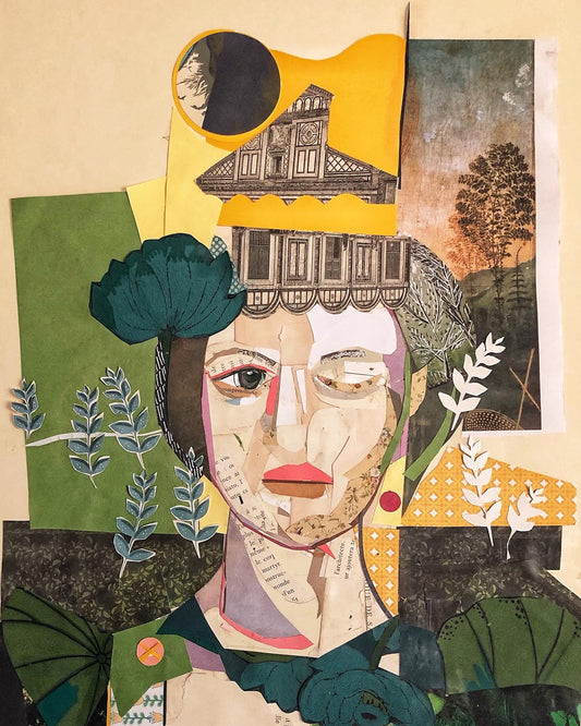 Collage art with a woman's face, plants, and architectural elements on a textured beige background.
