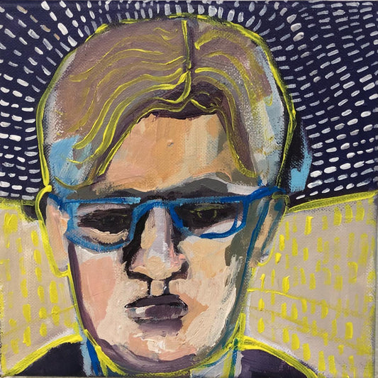 Abstract portrait painting of a person with glasses on a textured wall.