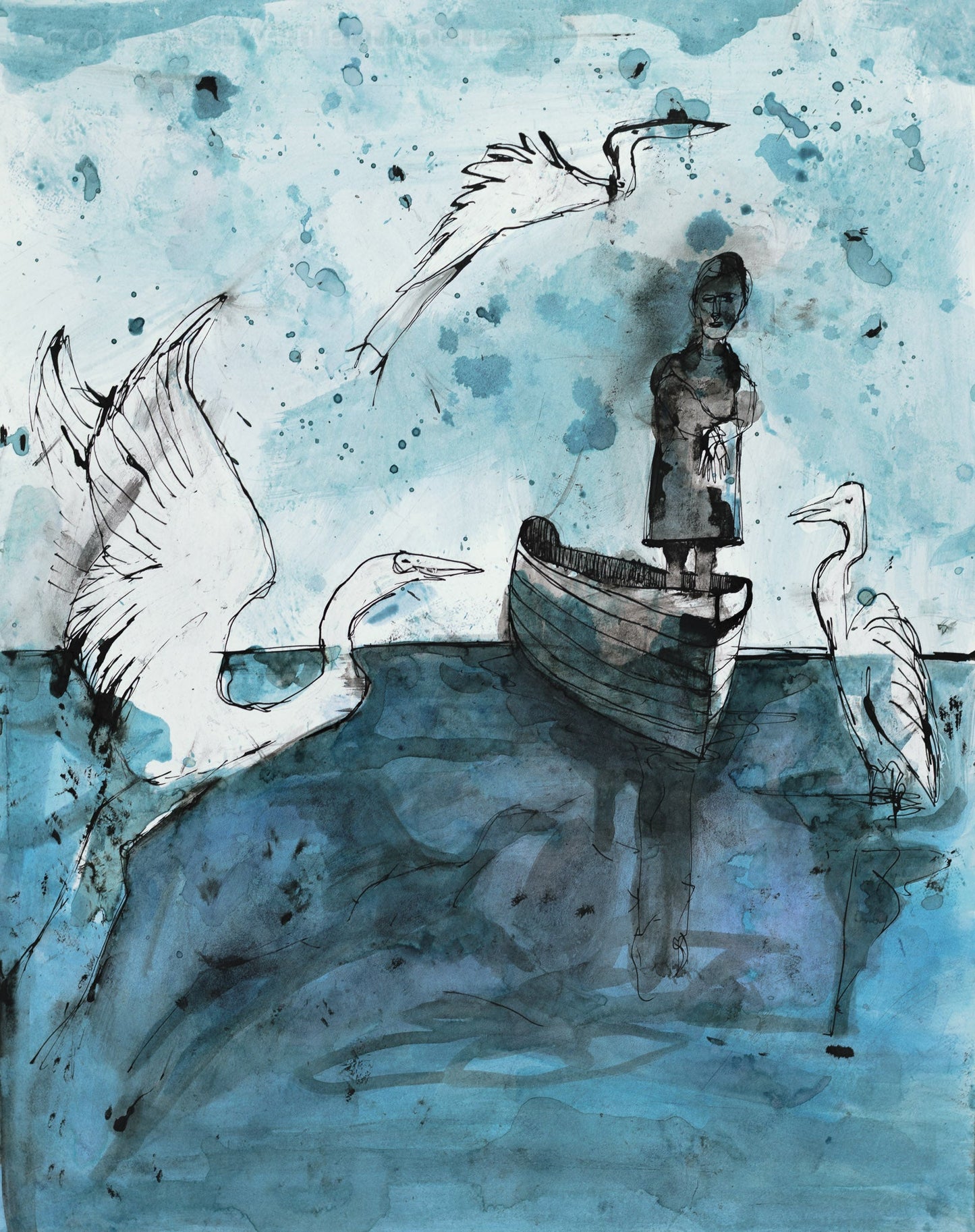 ink painting with a boat, a person and three herons on a blue and gray ocean.
