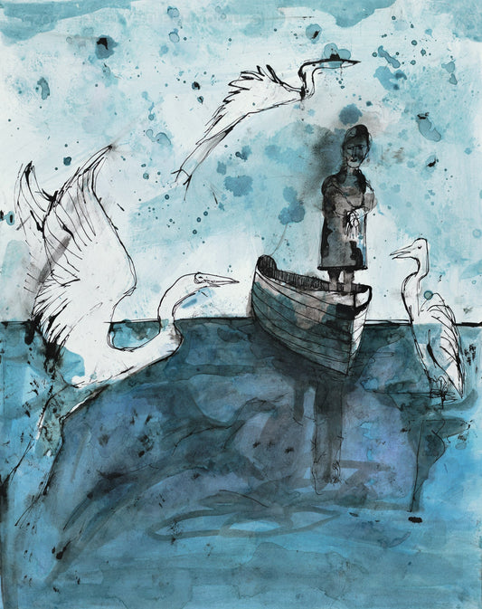 ink painting with a boat, a person and three herons on a blue and gray ocean.