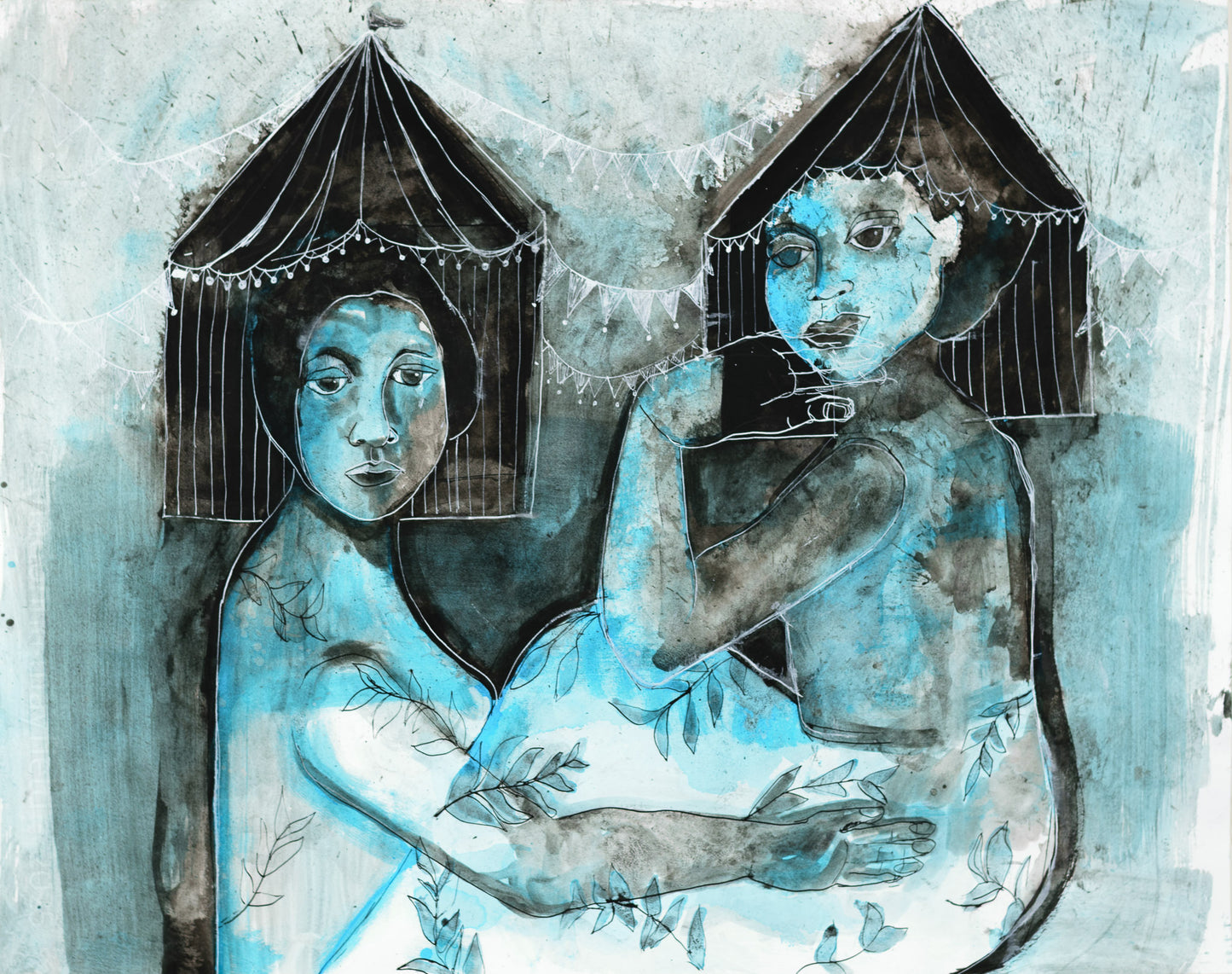 Artistic depiction of a woman holding another woman with a blue tint, set against a light blue background with circus tents on their heads