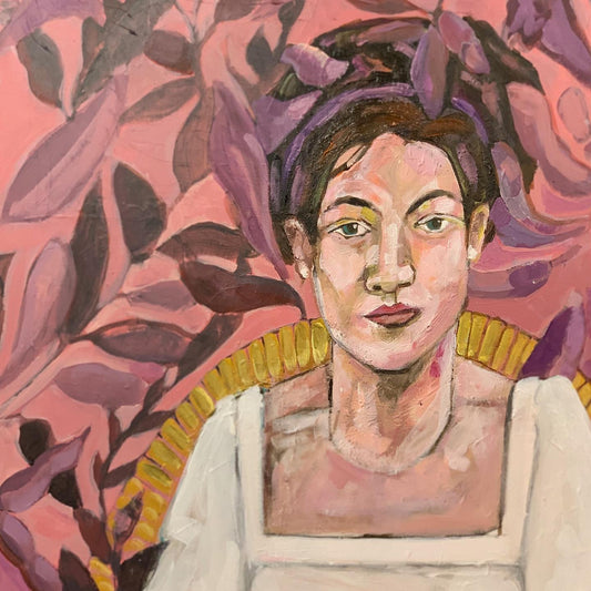 Artistic depiction of a person with a floral background