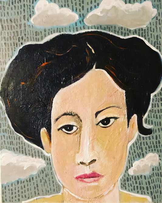 Artistic depiction of a woman's face with stylized clouds above her head on a textured background.